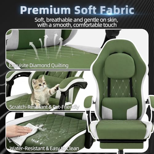 Gaming Chair for Adults, Fabric Gaming Chair with Footrest and Pocket Spring Cushion, Ergonomic Gamer Chair with Lumbar Support, Reclining Computer Gaming Chair with High Back, Dark Green