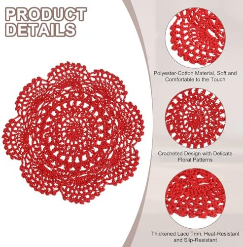 uxcell 4 Pcs Crochet Handmade Cotton Placemat Doilies for Table 7.9" Red