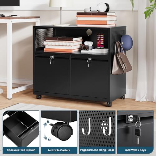 MIIIKO File Cabinet with Storage 2 Drawers, Rolling File Cabinet for Home Office, Metal Black 2 Drawers Storage with Shelf, for Printer, Letter A4 File Organizer
