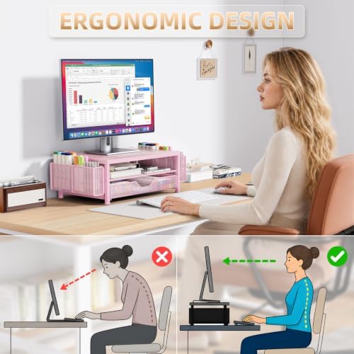 Monitor Stand Riser with Mesh Drawer and 2 Side Pen Holders, Pink Metal Top