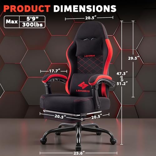 LEMBERI Gaming Chair, Fabric Big and Tall Video Game Chairs with Footrest, Massage Lumbar Support, Racing Style Ergonomic Computer Gamer Chair with Adjustable Headrest (Red)