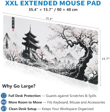 Extended Japanese Sakura Zen Desk Mat, XXL Large Gaming Mouse Pad, Cherry Blossom Temple Stitched Edges Waterproof Non-Slip Rubber Base for Computer Keyboard Laptop Work Home Office 35.4"x15.7"