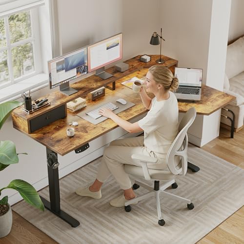 Agilestic 63*35 Inch L Shaped Standing Desk with Shelf & Led& Outlet, Brown