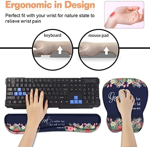 Ergonomic Mouse Pad Wrist Support and Keyboard Wrist Rest Set with Coasters, Non-Slip PU Base, Easy Typing & Pain Relief, Perfect for Home Office Working Studying, Floral Quote Bible Verse Psalm 46:5