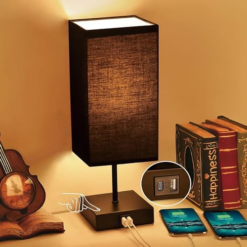 Bedside Table Lamp for Bedroom with 2 USB Ports, 14-Inch, Black