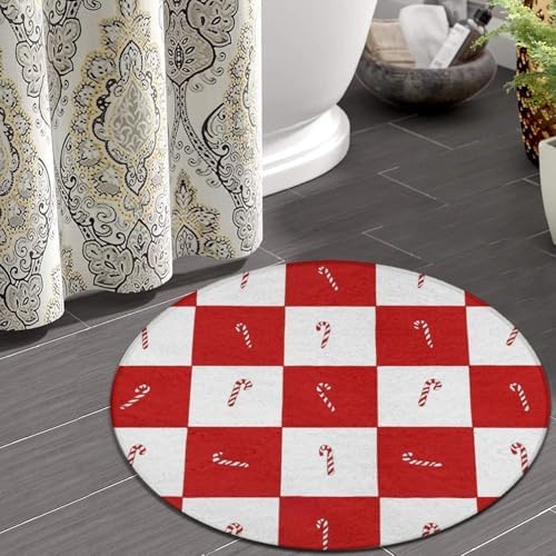 Large Home Decor Mat, Soft Round Yoga Carpet, Non Slip Machine Washable Kitchen Office Circle Rug Candy Cane Red Checkered Christmas