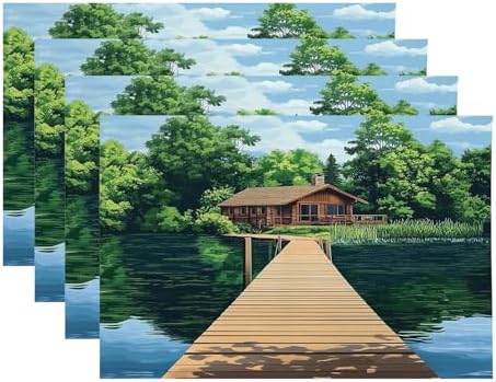 Peaceful Retreat Wooden Structure Linen Placemats, Water Body Lush Foliage Table Mats for Table Washable Heat Insulation Thick Dining Mat, Indoor/Outdoor 12X18 in 4 Pcs