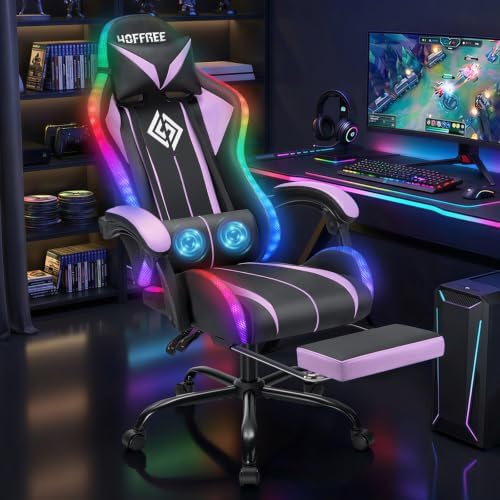 RGB Gaming Chair with LED Lights Massage Ergonomic Computer Chairs-Purple