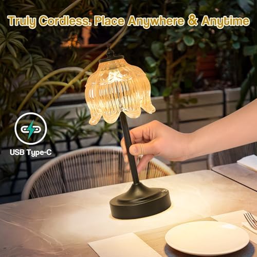 Cordless Table Lamp, Rechargeable Amber Glass Lotus Flower Lamp