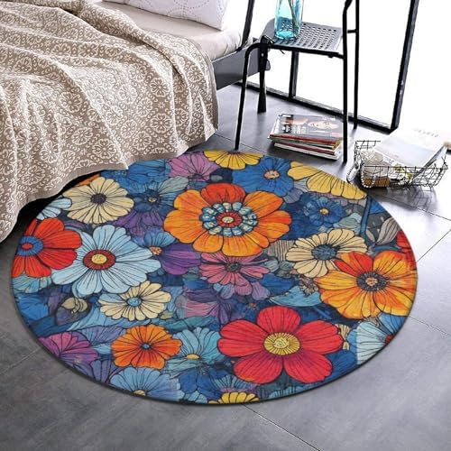 Fashion Round Area Rug Large Non Slip Carpet, Boho Floral Blossom Unisex Home Decor Mat