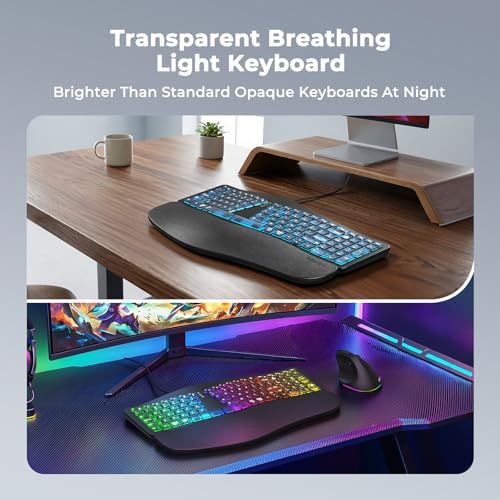 MEETION Wired Ergonomic Keyboard with Backlit Keys and Wrist Rest, Black