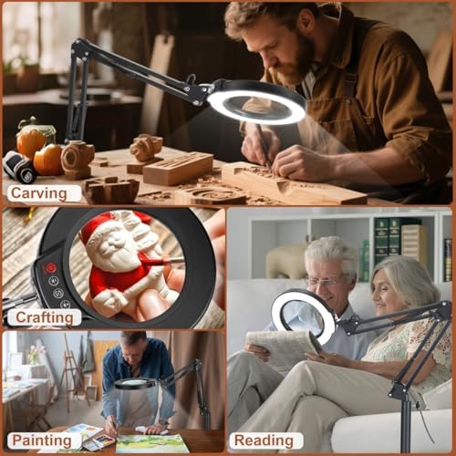 LANCOSC 15X Magnifying Glass with Light and Stand, Real Glass Lens, 5 Color Modes Dimmable, 3-in-1 Adjustable Swing Floor Lamp, LED Lighted Hands Free Magnifier & Clamp for Reading, Crafts, Painting
