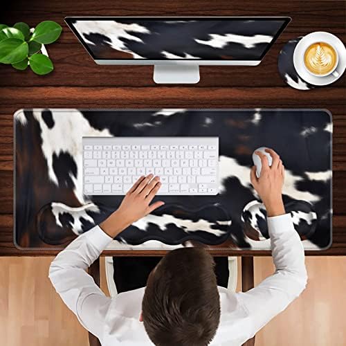 Keyboard Wrist Rest and Mouse Pad with Wrist Support Set Ergonomic Coaster,Memory Foam,Easy Typing Pain Relief,Large XL Desk Mat 31.5"x 11.8",Cute Cowhide Brown Black Cow
