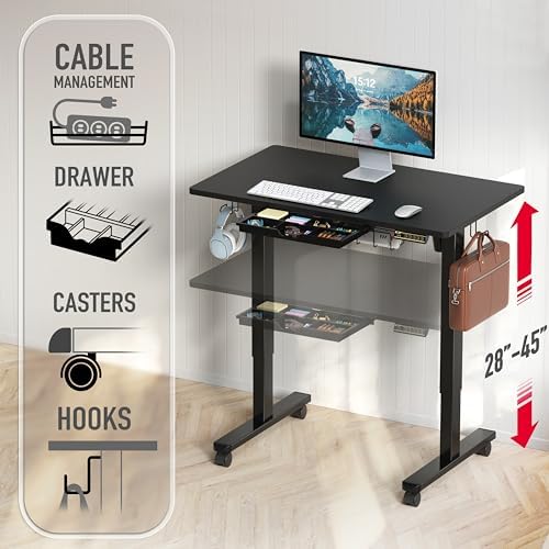 SHW Mobile Electric Height Adjustable Standing Desk w/Drawer, Black