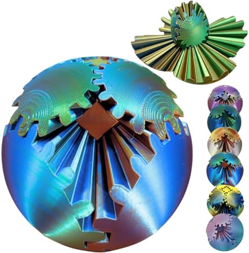 Gear Ball 3D Printed Spin Ball Cube Fidget Toys, Gear Sphere Fidget Toy, GearSphere Desk Toy Stress Fidget Balls, Fidgets Spinners for Adults & Kids Anxiety Relaxing (Laser Blue Gold, 2.3 Inch)