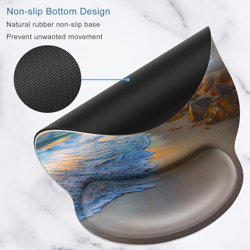 ITNRSIIET Ergonomic Mouse Pad with Wrist Support Wrist Rest Smooth Surface Non-Slip Rubber Base Comfortable Office Supplies Pain Relief, 9.8 x 9.1 inches, Beach