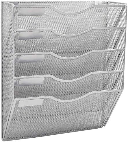 EASEPRES 5 Pocket Mesh Hanging Wall File Organizer, Wall Mounted Mail Paper Document Folder Holder, Clipboard Storage Organization Magazine Rack with Nametag Label for Office Home School, Silver