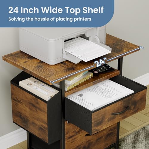 Simple Deluxe 2 Drawer File Cabinet with 24" Extended Desktop, Mobile Filing Cabinet, Rolling File Cabinet with Side Bag, Fabric Drawer, Fits A4/Letter Size, Printer Stand Home Office, Brown