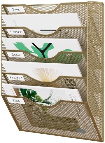 EasyPAG Wall File Organizer 5 Tier Hanging Paper Folder Holder, Zero Assembly Metal Mesh Wall Mounted Mail Organizer for Office Home Classroom Narrow Spaces, Gold