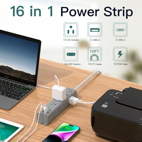 10FT Extension Cord, Power Strip Surge Protector with 12 AC Outlets & 4 USB