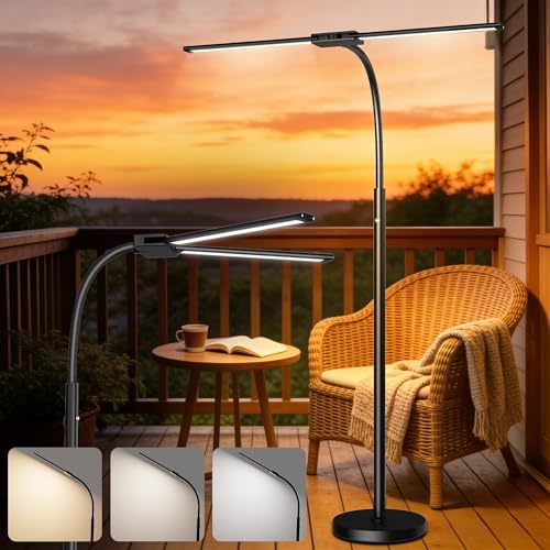 Cordless Floor Lamp Rechargeable, 15W Bright LED Floor Lamp with 8000mAh Battery, Dual Head Gooseneck Standing Lamp, 3 Color Temperatures, Stepless Dimming Battery Floor Lamp for Bedroom Office