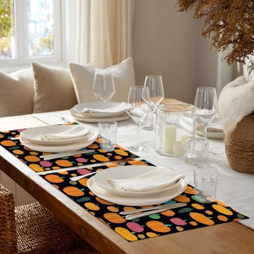 Shrahala Cute Halloween Pumpkins Set Of 4 12 X 18 Inch Linen Placemats , Black Background Pink Blue Tiny Squash Burlap Table Mat Washable Double Layered Heat Insulation For Indoor/Outdoor