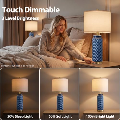 USumkky 25'' Touch Table Lamps for Nightstand Blue Ceramic -3 Way Dimmable