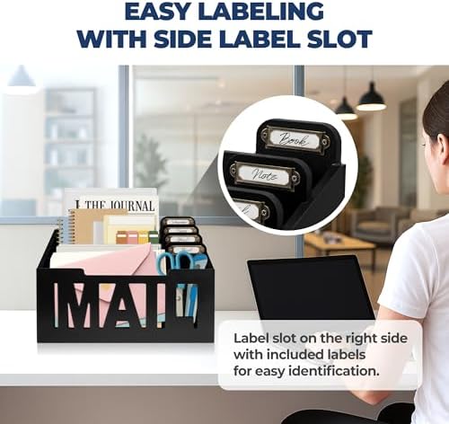 Mail Organizer Countertop, Desktop Mail Sorter with 4 Slots & Labels, Black