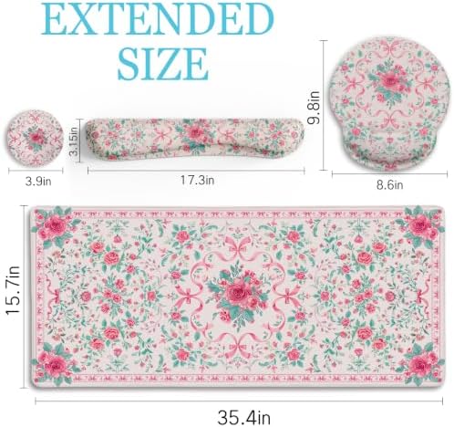 LIMKRIAN Pink Floral Desk Mat, Ergonomic Mouse Pad Set with Wrist Rest