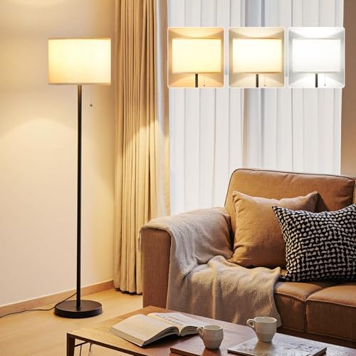 Ambimall Modern Standing Floor Lamp for Living Room & Bedroom with 3 Color Temperatures Bulb & Pull Chain Switch, 60" Tall with Beige Shade & Black Pole