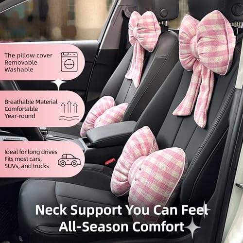 2PCS Chic Car Headrests with Bow-Shaped Cotton Linen Bowknot Neck Pillows for Cozy Road Trip & Cute Interior Decoration (Pink Plaid)