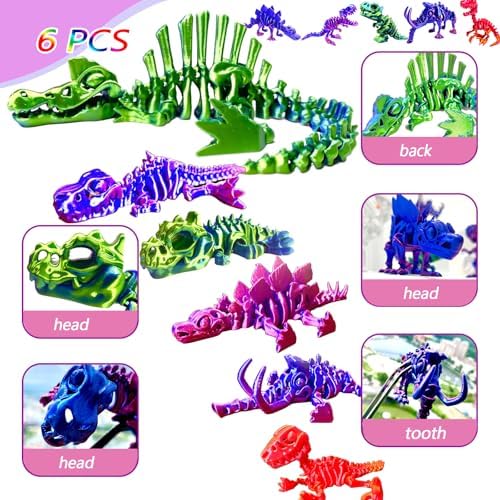 6pcs 3D Printed Dinosaur Skeletons, Flexible，Articulated T-Rex Fidget Toys,Large，3D Printed Animals,Desk Executive Toy，Easter Eggs Basket Stuffers,Toys for Boys Kids Teen Girl 5-7 4-6 8-12