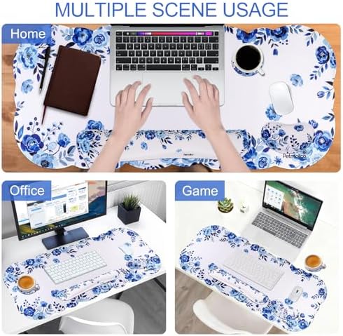 Petmolico Desk Pad Set with Wrist Rest for Keyboard & Mouse, Blue Flower