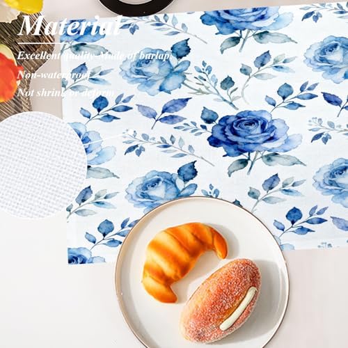 Shrahala Blue Nature Rose Placemats, White Table Mat Linen Burlap Washable Double-Deck Heat Insulation for Dining/Kitchen Table Set of 6 (12 X 18 Inch)