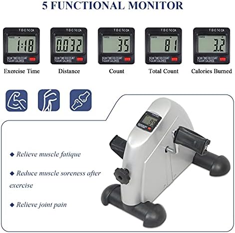 Under Desk Bike Pedal Exerciser for Legs and Arms, Portable Mini Exercise Peddler Adjustable Resistance Multifunctional LCD Display (Silver)