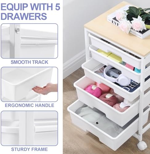 SYKIARIOL Rolling Cart with Drawers, 5 Drawers Utility Cart, Bright White