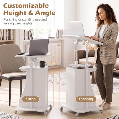 Tangkula Mobile Lectern Podium, Height Adjustable Podium Stand, Standing Sit-to-Stand Desk, Rolling Cart Laptop Desk with Swivel Top Movable Wheels & Storage