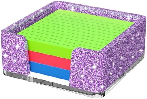 Sticky Note Holder, Glitter Purple Acrylic Notepad Holder 3x3 in Self-Stick Note Dispenser Office Desk Accessories, Memo Pad Holder Organizer for Classroom School Supplies
