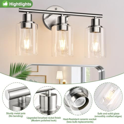 Zarbitta 3-Light Bathroom Light Fixtures, Brushed Nickel Vanity Light, Farmhouse Wall Lights with Clear Glass Shade, Bathroom Wall Lamp for Mirror Kitchen Bedroom Hallway Living Room Hallway Cabinet