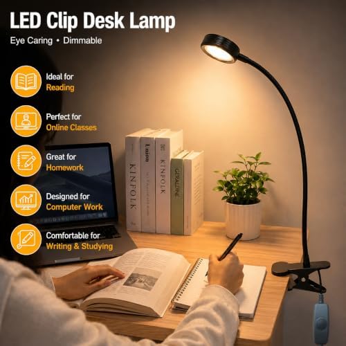 USB Clip-On Desk Lamp Eye Caring Dimmable Reading Light (Amber Light, 8W)