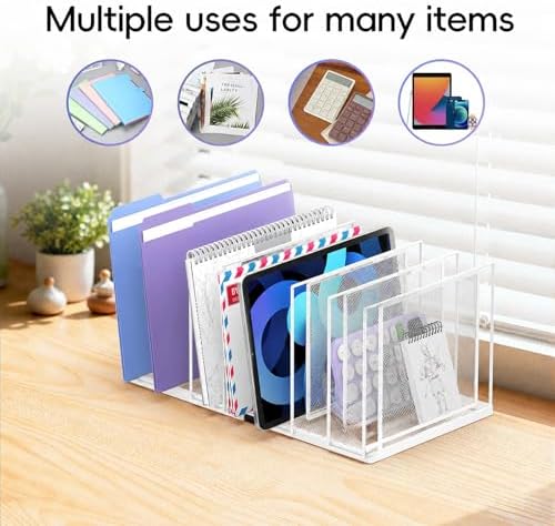 File Organizer for Desk, 7-Section Vertical File Sorter, Paper Holder Organizer Standing Metal File Folder for Office Home Classroom, White