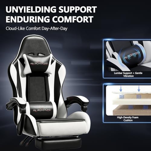 Mr IRONSTONE Gaming Chair with Footrest, Ergonomic Reclining Gamer Chair with Lumbar Support & Massage, High Back Racing Style Video Game Chair, Adjustable Headrest, Swivel Desk Chair, Black