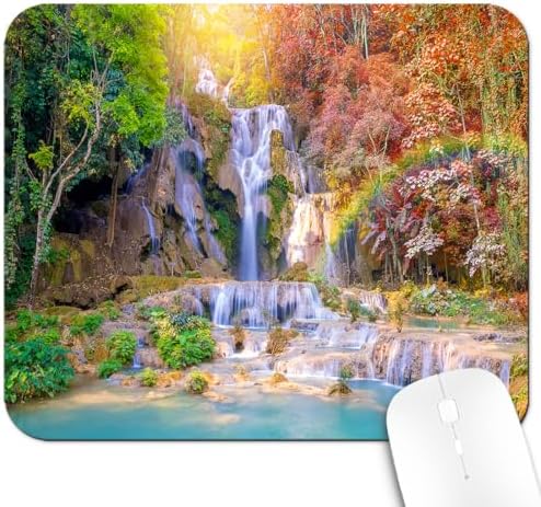 9.5x7.9 Inch Office/Gaming Mouse Pad, Tropical Rainbow Jungle Waterfall Vibrant Sunlit Forest Scenery, Cute Anti-Slip Mat for Desk Decor