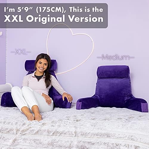 Husband Pillow Medium Reading Pillow with Arms - 23" Backrest for Sitting Up in Bed - Firm Support Bed Rest Pillow for Adults, Neck Roll, Removable Cover - TV, Reading, Lounging - Purple