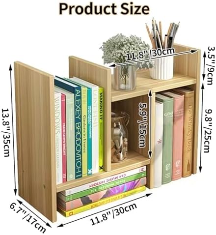 Desktop Shelf Organizer, Adjustable Wood Office Storage Rack, Counter Display Small Bookshelf for Home/Office/School(Light Walnut)