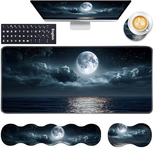 Keyboard Wrist Rest and Mouse Pad with Wrist Support Set Ergonomic Coaster,Memory Foam,Easy Typing Pain Relief,Large XL Desk Mat 31.5"x 11.8",Moon Ocean
