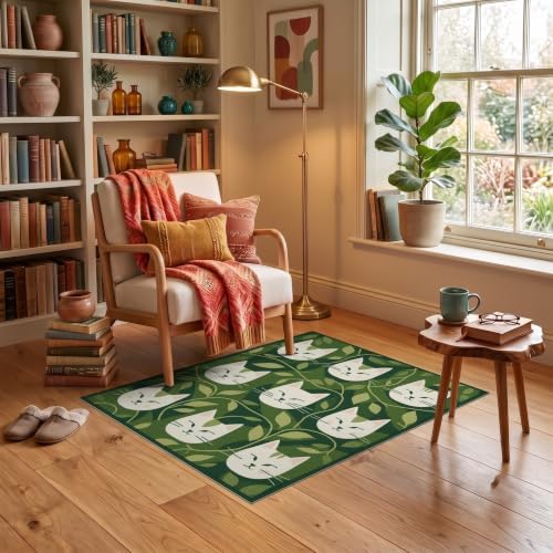 3'x5' Green Cat Forest Faces Interlinked by Ultra-Soft Throw Mat