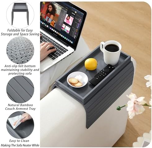 Bamboo Couch Arm Tray Table，Foldable Sofa Armrest Tray Table for Couch，Flexible and Anti-Slip Couch Arm Cup Holder，Portable Sofa Arm Chair Table for Drink,Cups, Eats，Snacks, Phone, Remote (Gray)