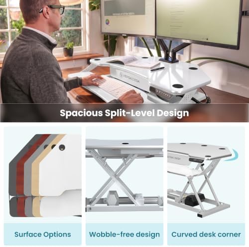 VERSADESK PowerPro Elite 36” x 31” Smart Corner Standing Desk Converter | Mobile App Adjustable Sit-Stand Desk Riser w/Keyboard Tray & USB & USBC Ports | for Home or Office - White