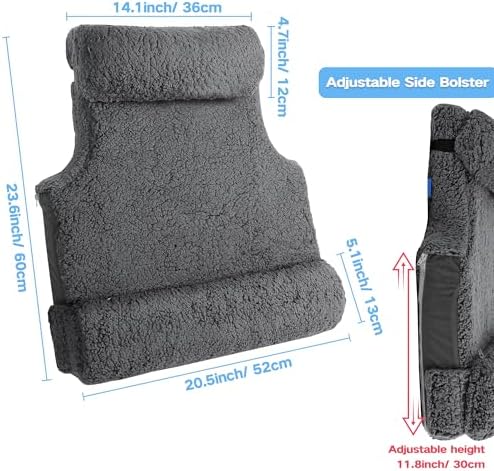 3-in-1 Lumbar Support Pillow with Headrest for Recliner, Memory Foam Back Cushion Set with Adjustable Side Bolster for Targeted Lower Back Pain Relief, Plush Sherpa Fleece Cover, Grey
